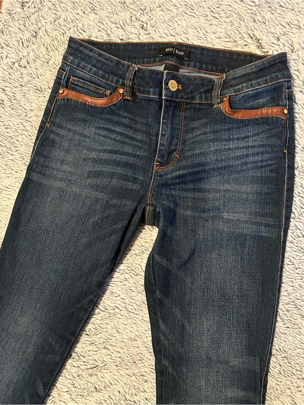 White House Black Market women’s Blue Jeans with Brown leather Trim size 4